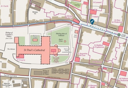 A map marking the murder location on Westcheap, north-east of St Paul’s Catherdral.