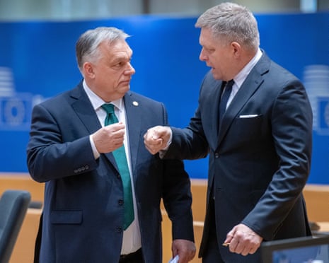 Viktor Orbán and Robert Fico seen at an EU summit in 2024.