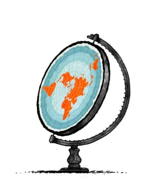 Illustration by David Foldvari of a flat earth on a globe stand