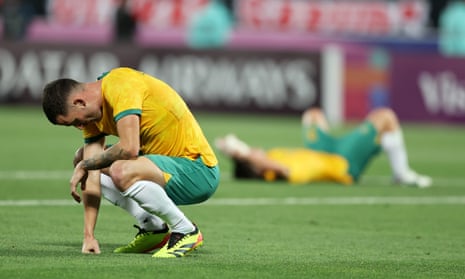 Jordan Courtney-Perkins slumps to the ground after the Olyroos lost to Indonesia in the AFC U23 Asian Cup to dent Australia’s hopes of qualifying for the Paris Olympics.