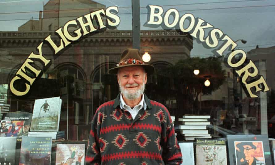 Lawrence Ferlinghetti outside City Lights in San Francisco