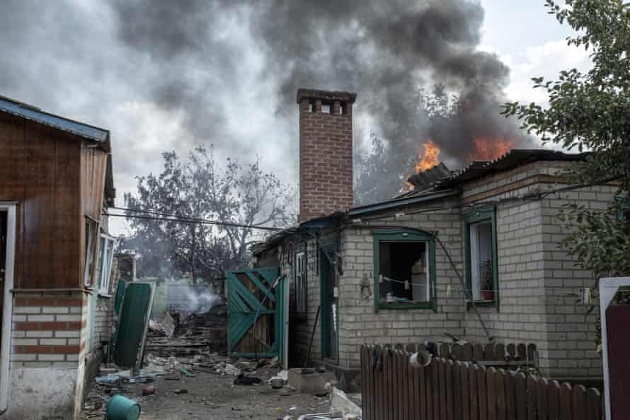 A house seen on fire during shelling in Verkhnokamyanske, Donetsk, Ukraine, 4 July.