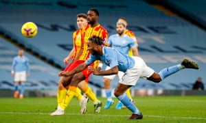Raheem Sterling cannot direct his header past Johnstone.