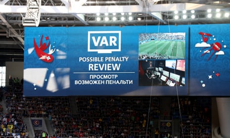 The big screen inside the stadium shows VAR in use for a penalty review during the 2018 FIFA World Cup Russia Round of 16 match between Sweden and Switzerland at Saint Petersburg Stadium.