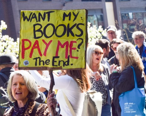 Crowd of people with woman in foreground with sign saying: Want my Books? Pay Me. The End