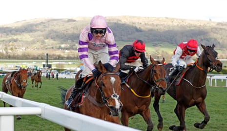 Harry Cobden on Stayawayfay wins the Albert Bartlett Novices Hurdle.