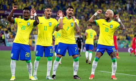 Brazil’s players celebrate after their win over South Korea.