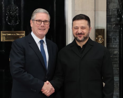 Keir Starmer and Volodymyr Zelenskyy shake hands outside 10 Downing Street