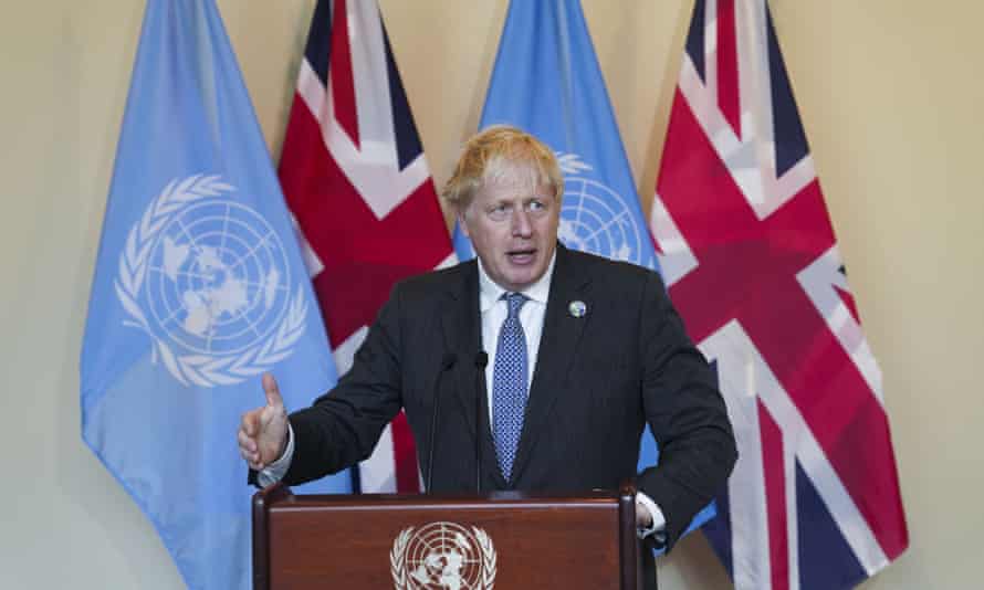 Boris Johnson speaks to reporters after attending the Informal Leaders Roundtable on Climate Action at the UN headquarters in New York