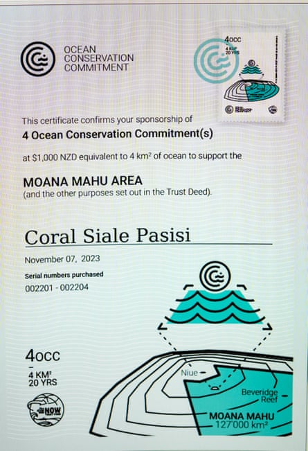 A certificate shows a sponsorship of four ocean conservation commitments at NZ$1,000, equivalent to 4km squared of ocean to support the Moana Mahu area