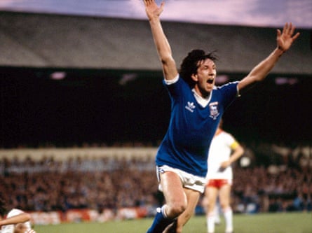 Paul Mariner celebrates his goal for Ipswich against AZ Alkmaar ion the first leg of the Uefa Cup final in 1981.