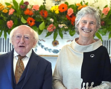 Catherine Connolly meets her immediate predecessor, Michael D Higgins, at Áras an Uachtaráin in Dublin last Wednesday.