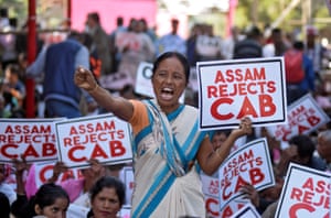 A woman shouts during a protest in Guwahati, India