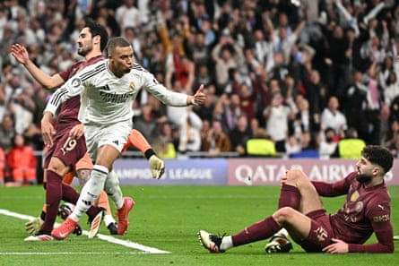 Kylian Mbappé celebrates after scoring Real Madrid’s second goal against Manchester City in the 2024/25 Champions League.