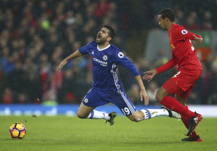 Diego Costa, definitely not diving, for Chelsea v Liverpool in 2017.