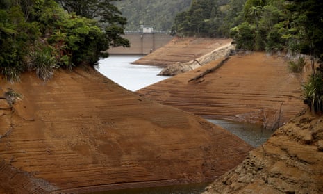 The Upper Nihotupu dam in the Waitakere Ranges pictured at 30% capacity during a drought in May 2020.