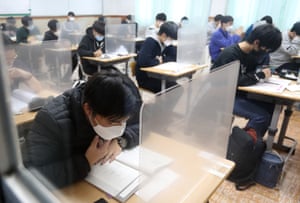 Students are ready to take the college entrance exam at a high school on Jeju Island, South Korea.