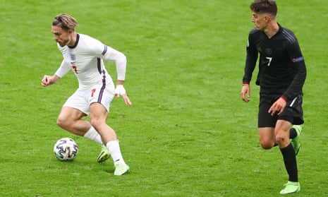 Jack Grealish evades Kai Havertz of Germany in the last-16 game at Wembley won 2-0 by England.