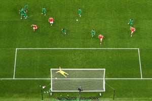 Russia’s Aleksandr Golovin (not pictured) scores their fifth goal from a free kick