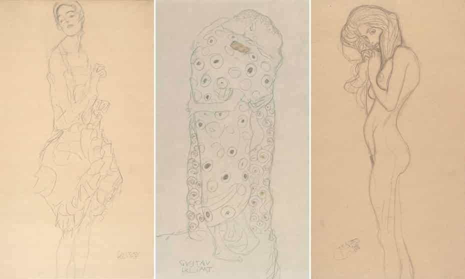 Gustav Klimt’s Study for The Dancer (Ria Munk II), 1916-17; Standing Pair of Lovers, 1907-08; and Standing Female Nude (Study for The Three Gorgons; Beethoven Frieze), 1901.