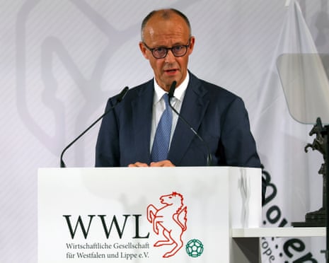 German chancellor Friedrich Merz delivers a speech during the award ceremony of the 2026 International Westphalian Peace Prize, in Münster, Germany.