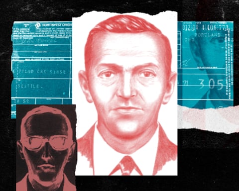 Composite image showing two artists’ impressions of DB Cooper as well as fragments of the plane ticket he used