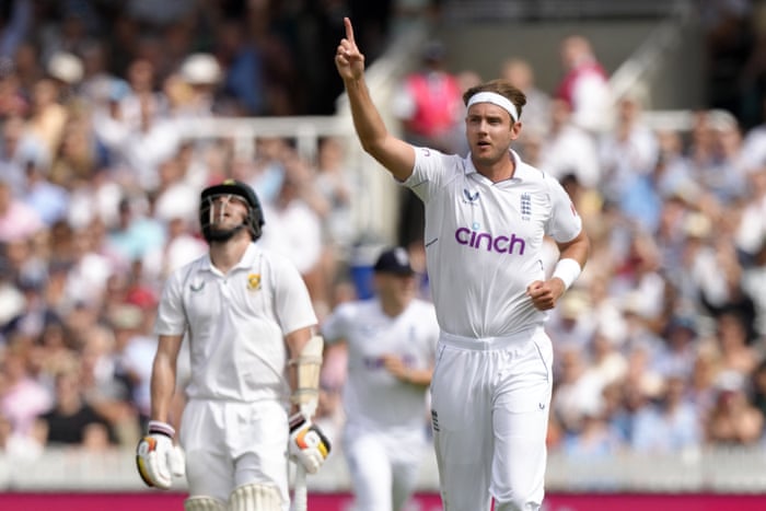Stuart Broad celebrates taking the wicket of Marco Jansen.
