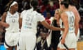 Las Vegas Aces head coach Becky Hammon speaks with her players during the second half of Tuesday’s game against the Phoenix Mercury.