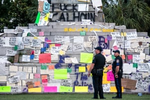 The base of the statue as it appeared last week after it was defaced by supporters of the Black Lives Matter movement