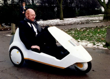 Sir Clive Sinclair demonstrating his C5 electric vehicle.