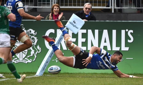 Bath wing Joe Cokanasiga dives over for his team’s second try during their victory over Newcastle.
