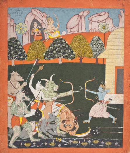 circa 1700 picture of Lord Rama firing arrows at a group of monsters