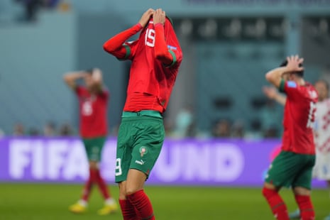 Morocco's Youssef En-Nesyri reacts after missing a chance to score.