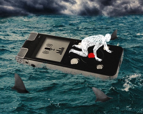 A tape recorder floating in stormy seas, and shark fins circling