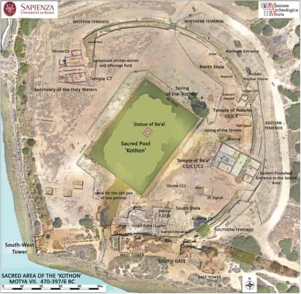 An aerial view of the sacred area of the ‘kothon’ on the island of Motya.