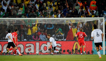 Thomas Müller scores Germany’s third goal against England in the last 16 of the 2010 World Cup.