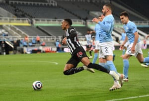 Manchester City’s Kyle Walker fouls Newcastle United’s Joseph Willock and a penalty is awarded.
