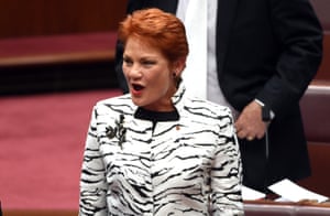 One Nation leader Pauline Hanson in the Senate marking the start of the 45th parliament.