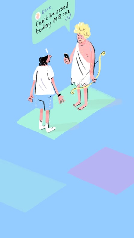Illustration of person looking at Cupid who is reading a text saying “Can’t be arsed today M8 soz”