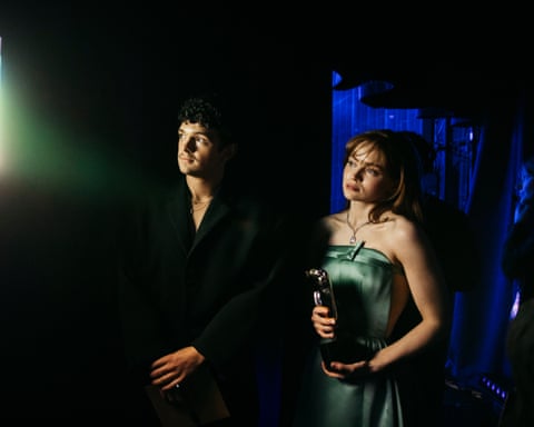 Noah Jupe and Sadie Sink backstage during the Baftas at the Royal Festival Hall in London, England on 22 Feburary 2026.