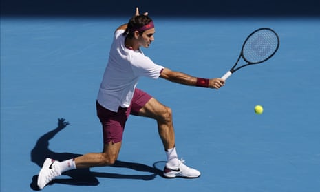 Roger Federer makes a backhand return to Tennys Sandgren during the 2020 Australian Open