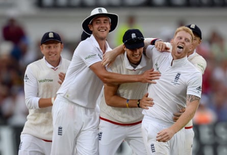 Steven Finn celebrates a wicket with Ben Stokes.