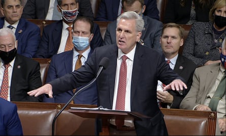 In this image from House Television, House Minority Leader Kevin McCarthy of Calif., speaks on the House floor during debate on the Democrats’ expansive social and environment bill at the U.S. Capitol on Thursday, Nov. 18, 2021, in Washington. (House Television via AP)