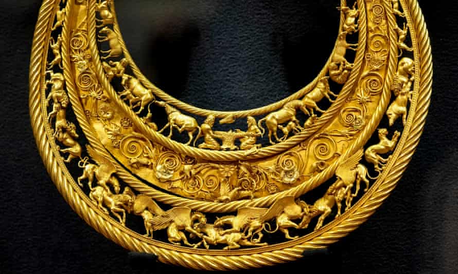 The IV century B.C. golden pectoral, an ancient treasure from a Scythian king’s burial mound, is exhibited in the Museum of Historical Treasures in Kyiv, Ukraine.
