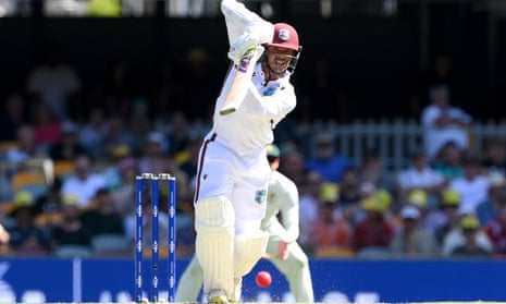 West Indies batter Tagenarine Chanderpaul drives on day one of the Second Test at The Gabba.