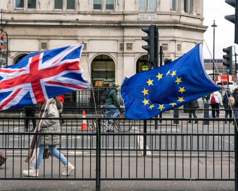 An anti-Brexit protest in London, with the EU flag and the Union Jack
