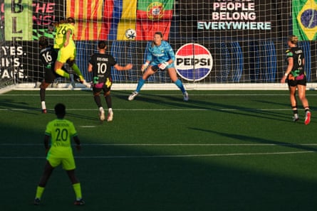 Boston Legacy goalkeeper prepares to defend a shot in a game.