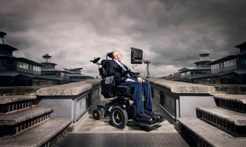 Stephen Hawking on top of a building, with a moody, foreboding sky all around