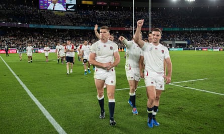 Farrell and Ford celebrate after beating New Zealand in the 2019 World Cup quarter-final.