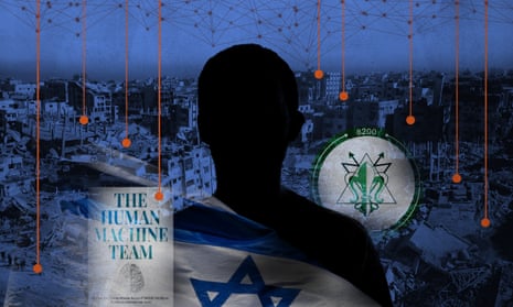 Composite showing book, Israeli flag, Gaza destruction and shadowy figure